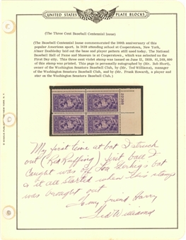 1939 Ted Williams Handwritten & Signed Page with 3-cent Baseball Centennial Stamps (SGC)